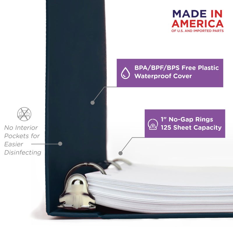 Carstens 1-Inch Heavy Duty 3-Ring Binder - Side Opening, Navy Blue, Durable Plastic, Precision No-Gap Rings, Waterproof Cover, No Pockets, Holds 125 US Letter Sheets, BPA-Free, Made in USA (8708-3R) - Image 2